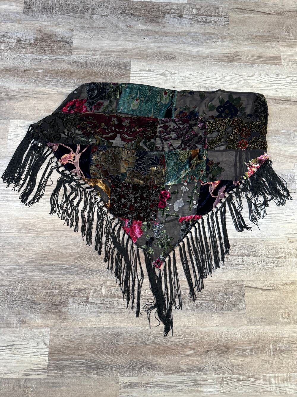 Vintage 90s Chico's Silk Velvet Patchwork Triangle Shawl Scarf Fringe Whimsigoth
